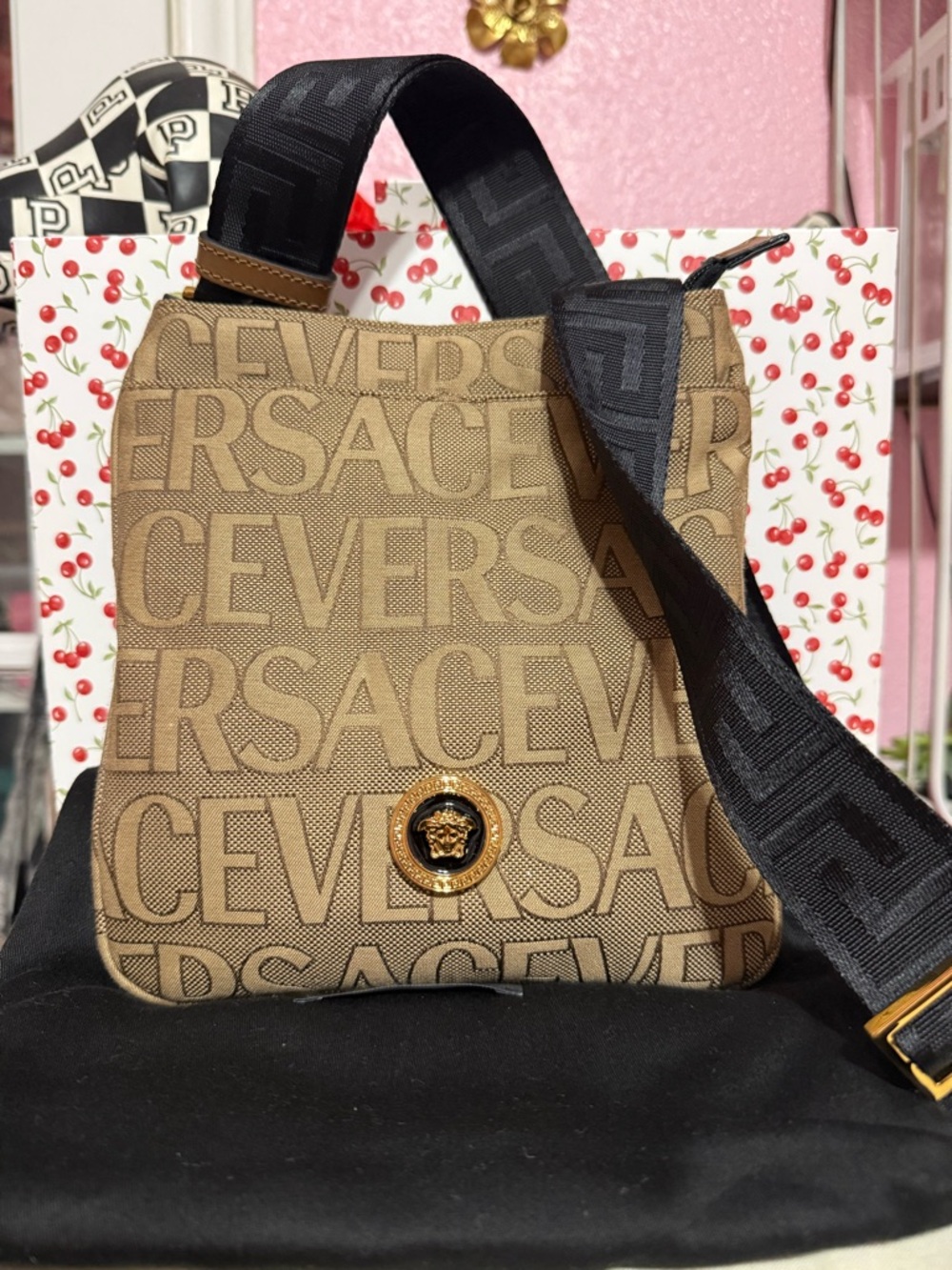Versace 1020745 La Medusa Canvas Fabric Logo Crossbody All over Bag
